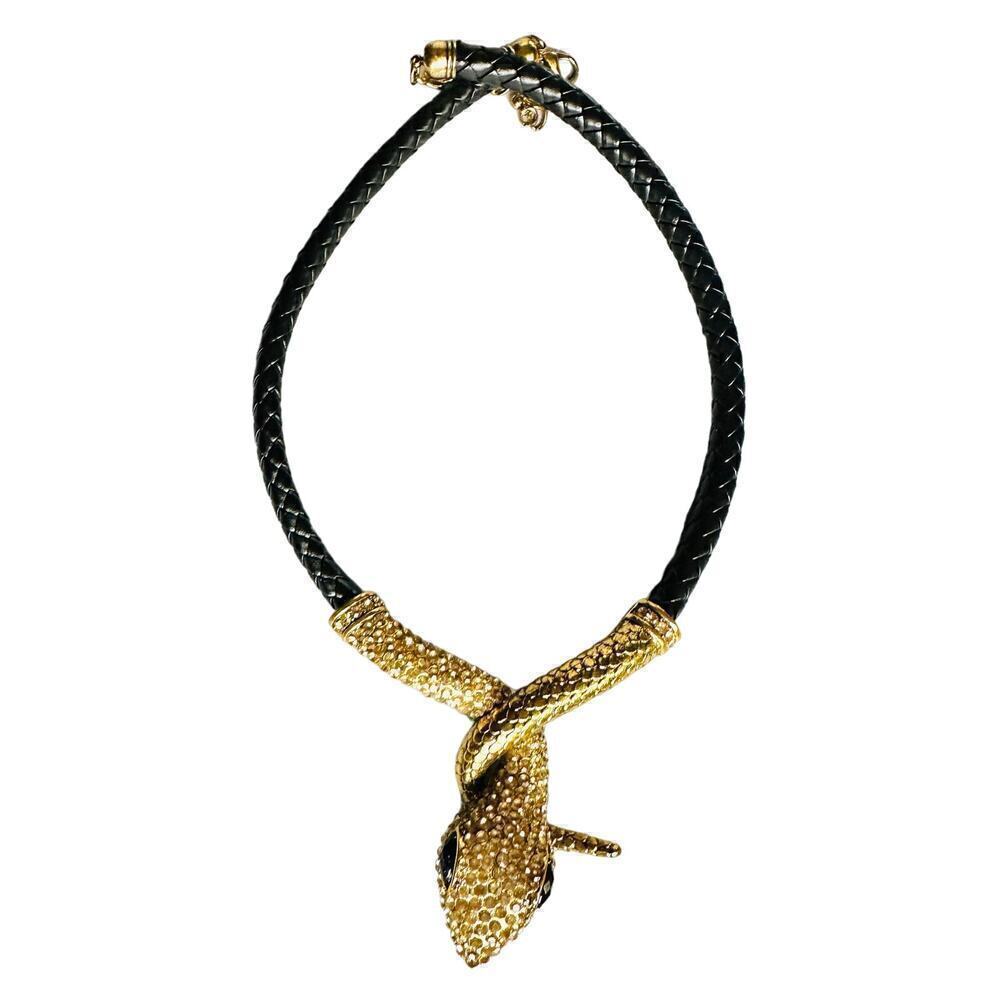VTG 80s Egyptian Revival Snake Cleopatra Choker Necklace Gold/Leather Rhinestone